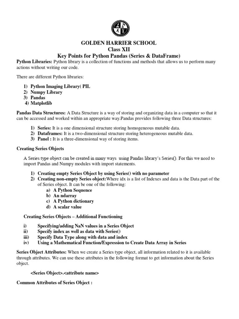 Class XII IP Key Points (Python Pandas) | PDF | Boolean Data Type ...