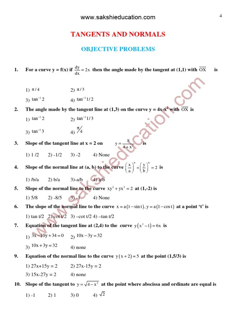 Tangents And Normals | PDF | Tangent | Slope
