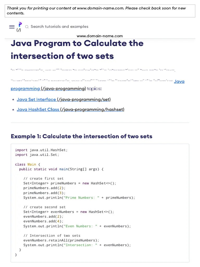 Java Program To Calculate The Intersection Of Two Sets Pdf