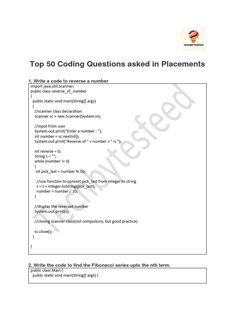 Top 50 Coding Questions Asked In Placements | PDF | Theoretical ...