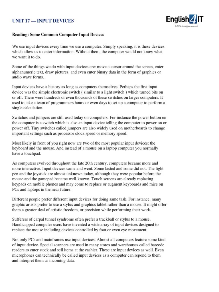 English 4 IT - Unit 17 Some Common Computer Input Devices Reading | PDF ...