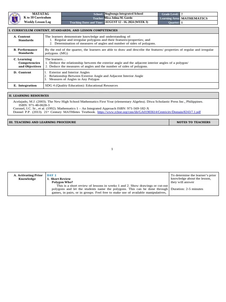 DLL Matatag - Math 7 Q1 W3 | PDF | Triangle | Polygon