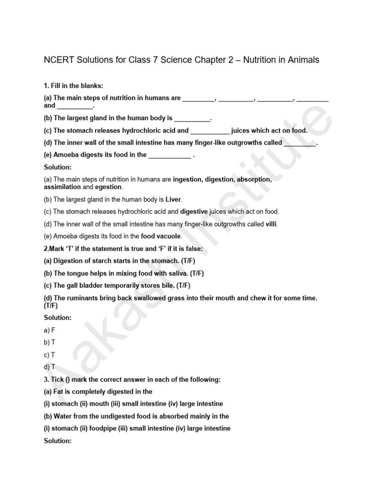 NCERT Solutions For Class 7 Science Chapter 2 Nutrition In Animals ...