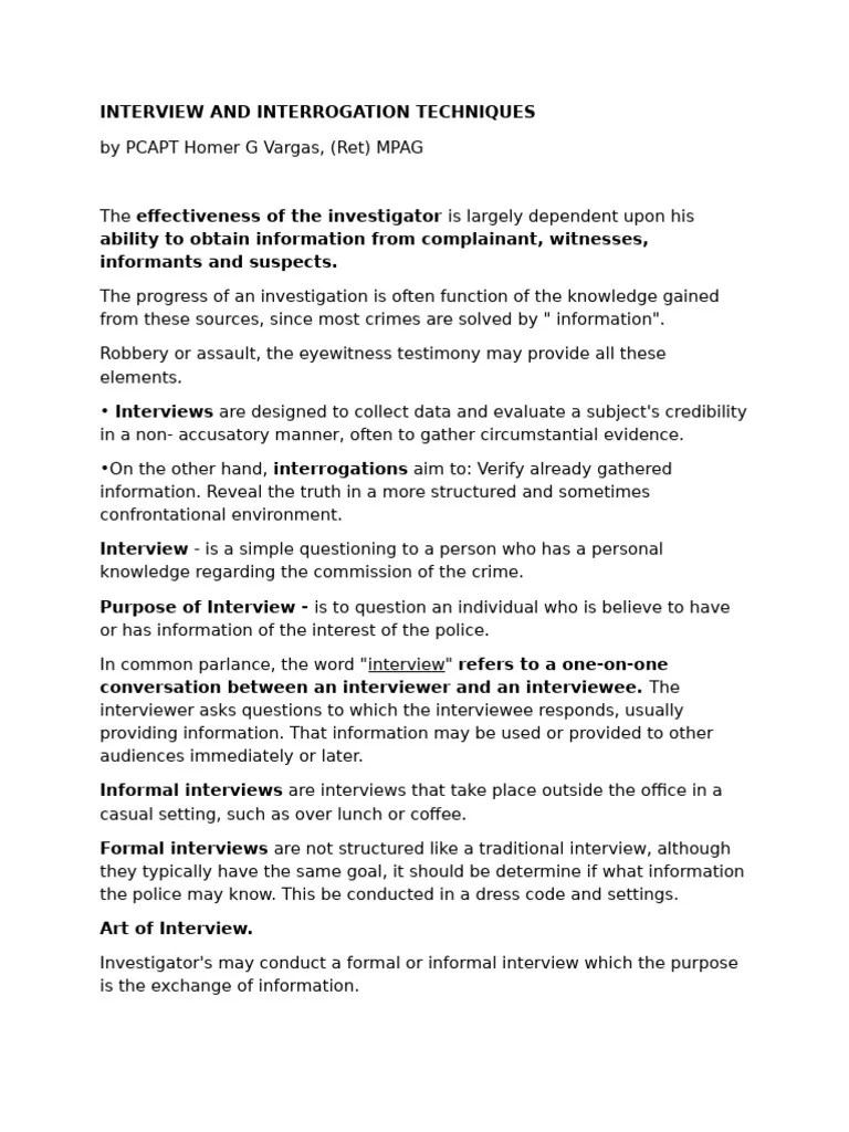 Interview And Interrogation Techniques 2 | PDF | Interrogation | Witness