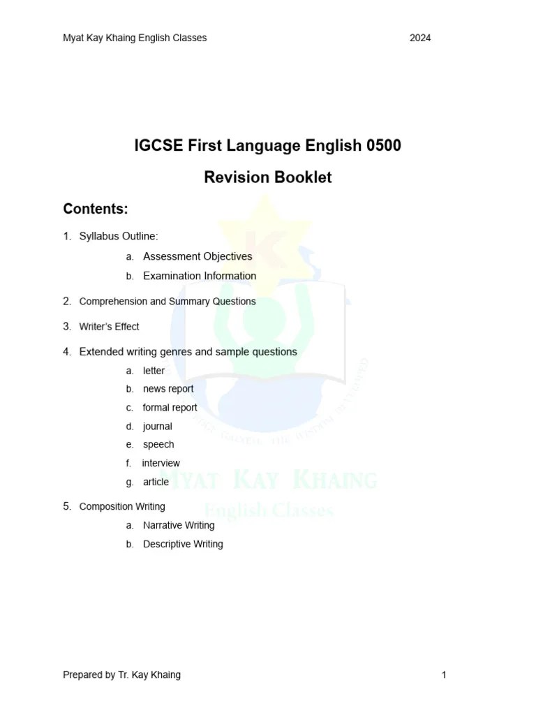 Revision 2024 IGCSE First Language English 0500 | PDF | Reading ...