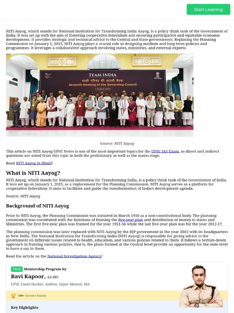 NITI Aayog UPSC Notes - Composition, Objectives, Functions & More | PDF