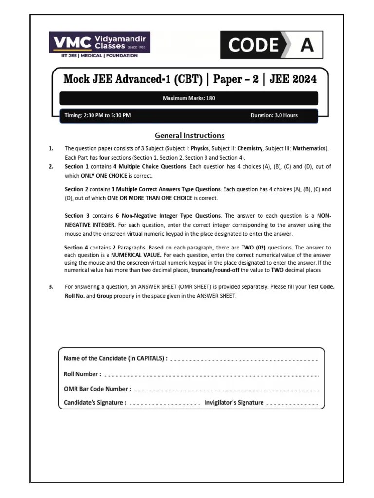 Mock JEE Advanced-1, 2024 - Paper-2 - Mathematics | PDF