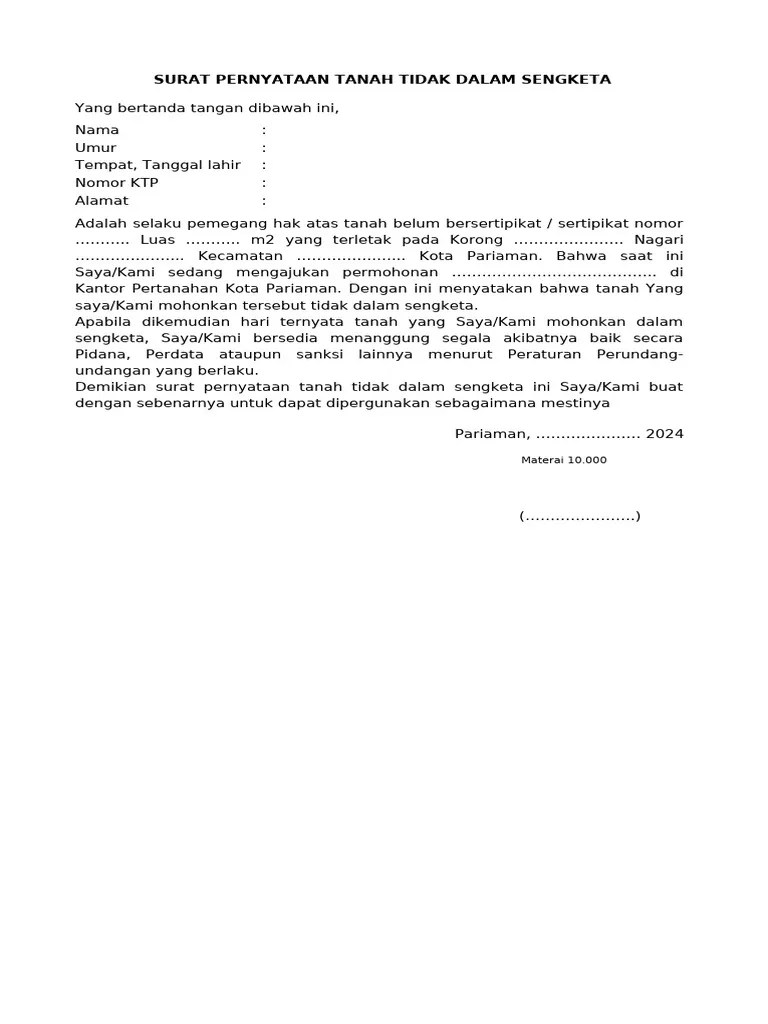 Surat Pernyataan Tanah Tidak Dalam Sengketa | PDF