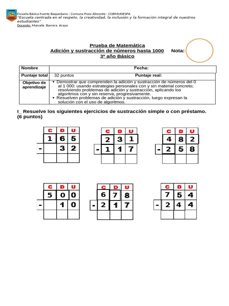 Prueba De Matematicas Sumas Y Restas - Compress | PDF