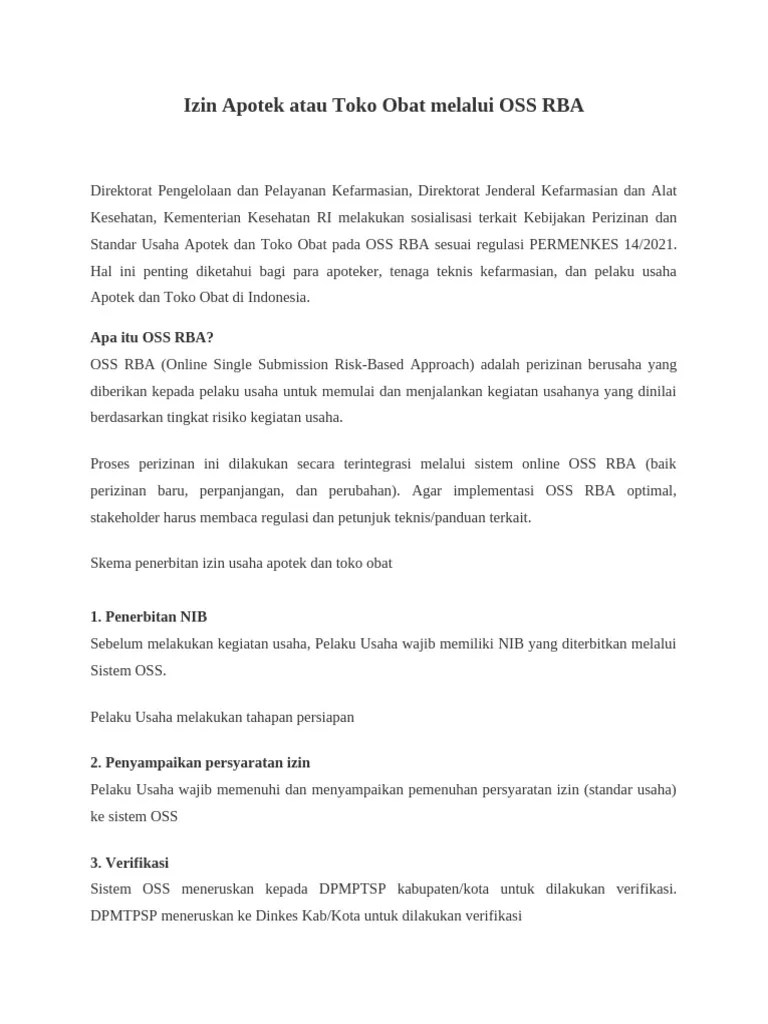 Izin Apotek Atau Toko Obat Melalui OSS RBA | PDF