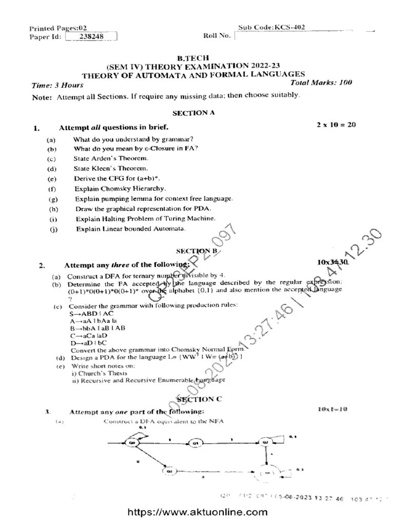 Btech Cs 4 Sem Theory Of Automata And Formal Languages Kcs 402 Aug 2023 ...