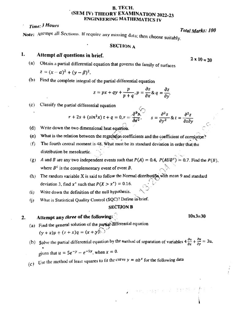 Btech 4 Sem Engineering Mathematics 4 Aug 2023 | PDF