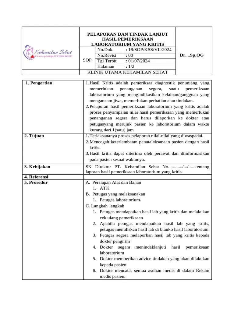 Sop Pelaporan, Pencatatan & Tindak Lanjut Hasil Kritis | PDF