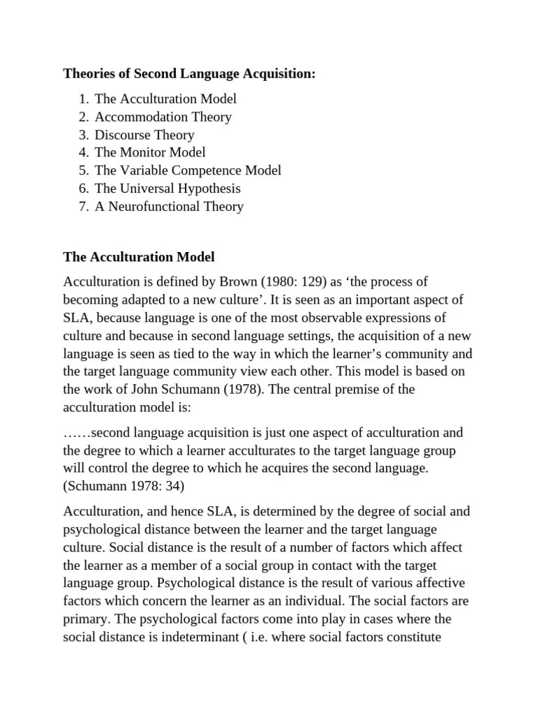 Theories Of Second Language Acquisition - Acculturation | PDF