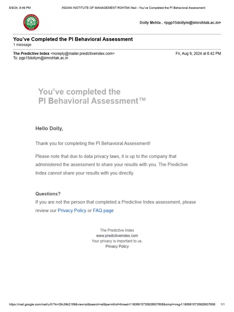 Dolly Mehta - PI Behavioral Assessment | PDF