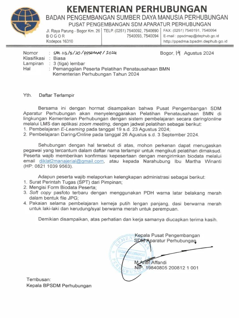 Surat Pemanggilan Peserta Pelatihan Penatausahaan BMN Tahun 2024 | PDF