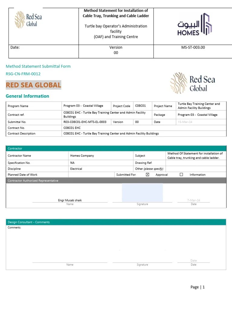 3method Statement For Installation Of Cable Tray Trunking And Ladder | PDF