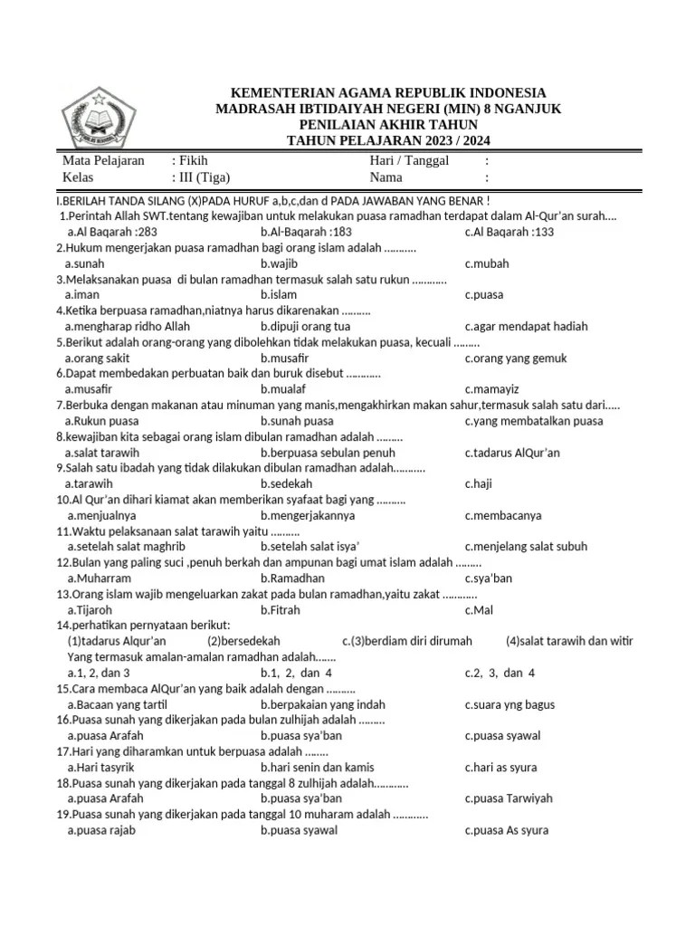 Soal Pat Fikih Kelas 3 2024 | PDF