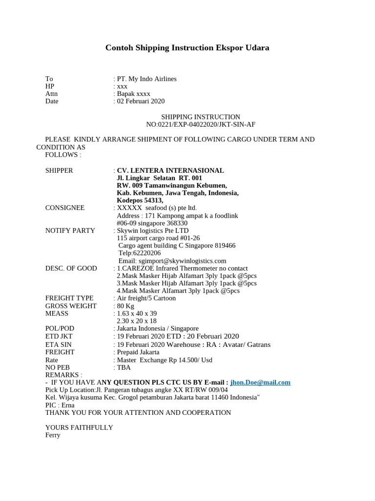 2020-Contoh Shipping Instruction Ekspor Udara | PDF