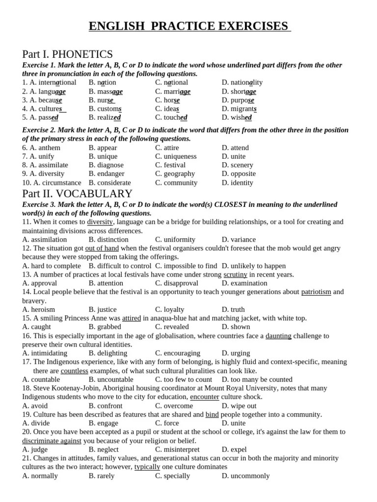 English Practice Exercises - Unit 5 P1 (Ko Key) | PDF