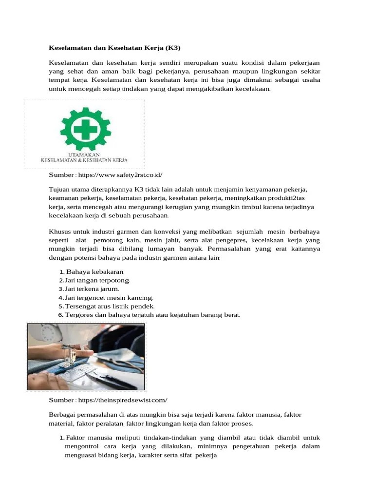 Keselamatan Dan Kesehatan Kerja Menjahit | PDF