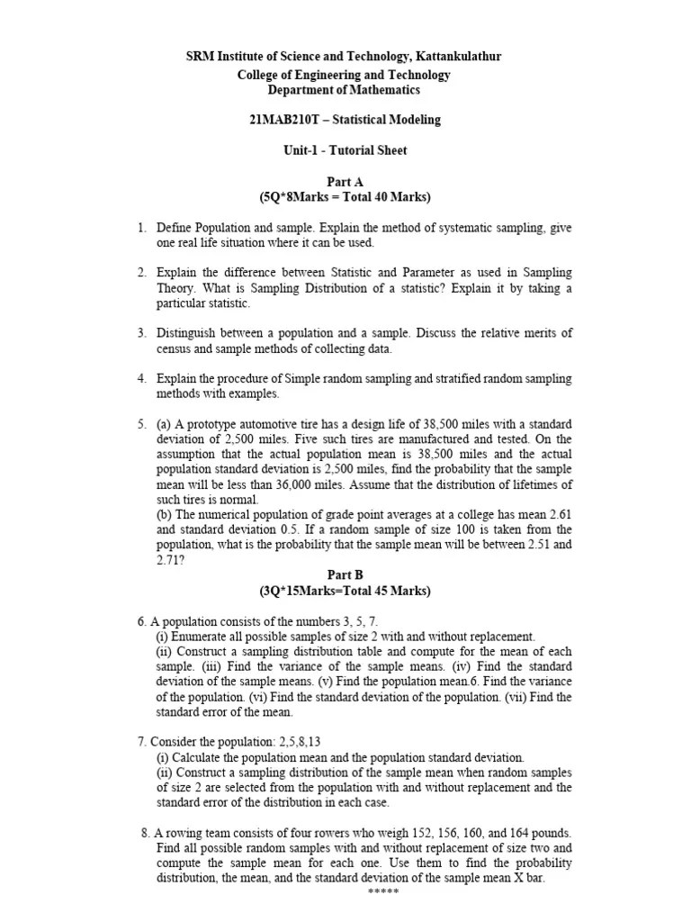 21mab210t Statistical Modeling Unit 1 Tutorial Sheet Pdf