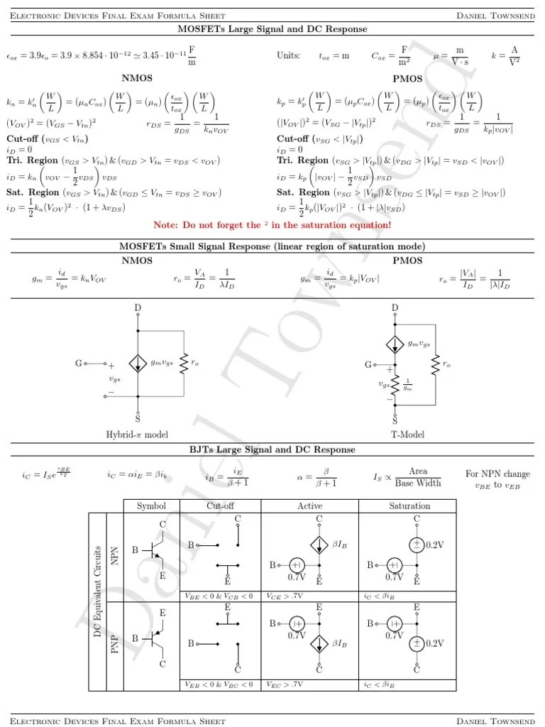 Formula Sheet For Electronic Devices Final Exam