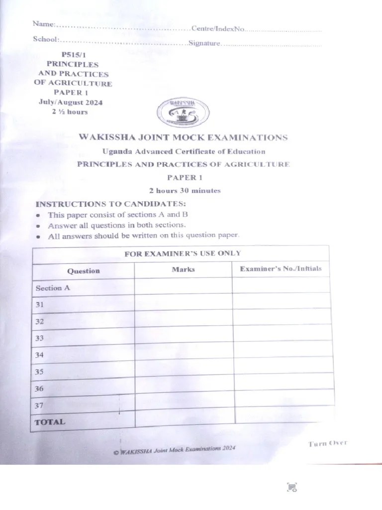 Wakissha Joint Mocks Examinations Uace 5151 Agriculture Practical Ins Past Paper 2024 | PDF