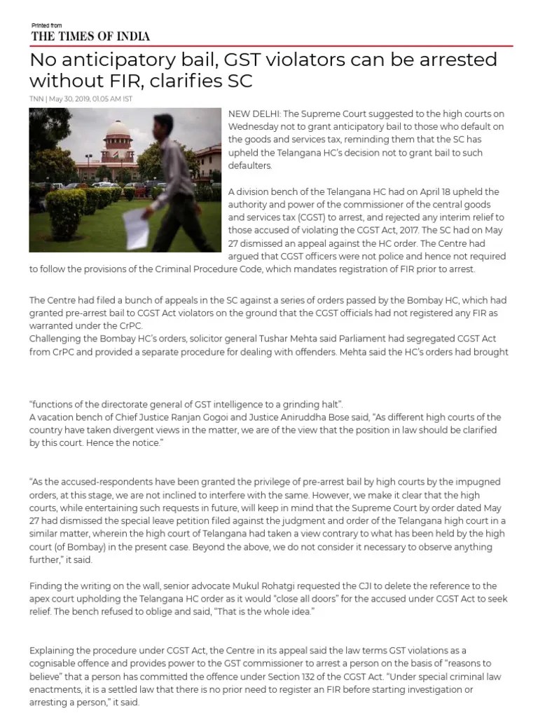 No Anticipatory Bail, GST Violators Can Be Arrested Without FIR, Clarifies SC | PDF