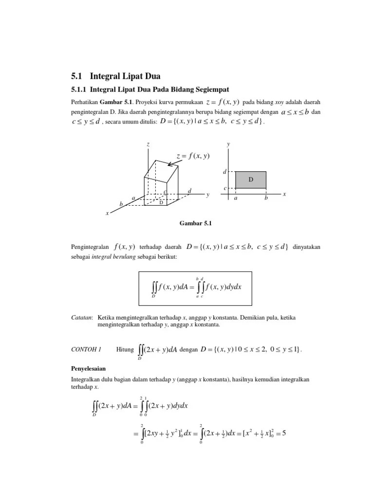 Integral Lipat 3 Contoh Soal Dan Pembahasan Dimensi Sains Integral berulang kadang juga dikenal sebagai integral ganda atau integral lipat adalah materi kalkulus lanjut yang dipelajari secara mendalam untuk menganalisis masalah luas dan volume baik pada bidang dua dimensi maupun tiga dimensi.