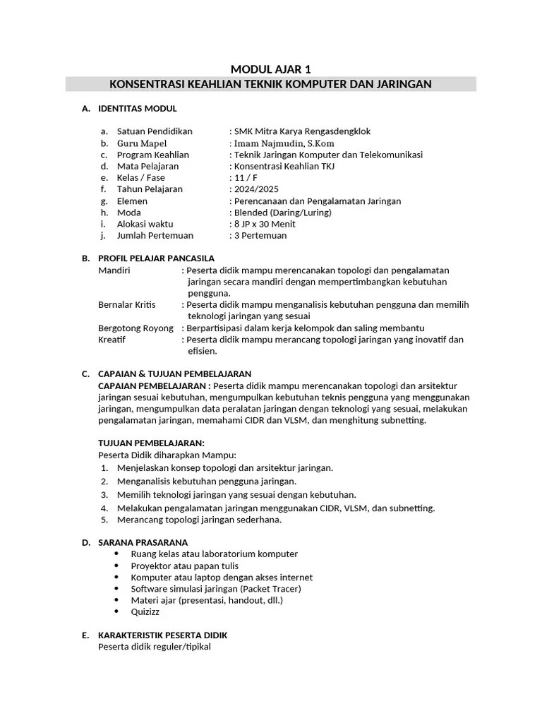 MODUL - AJAR - 1 - FASE F TJKT Kls XI - IMAM | PDF