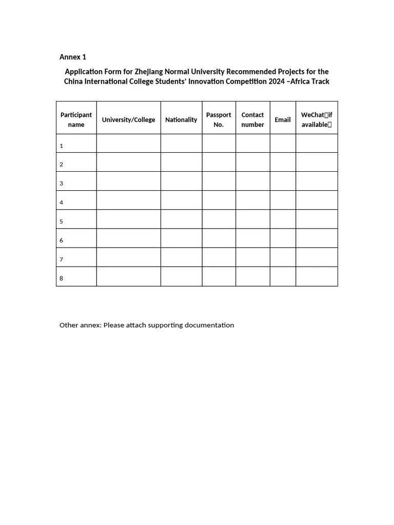 Annex 1 Application Form For Zhejiang Normal University Recommended ...
