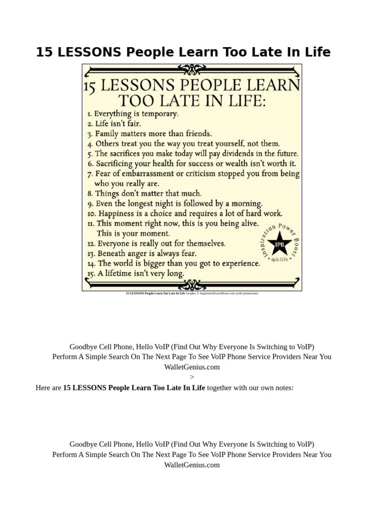 15 LESSONS People Learn Too Late In Life | PDF | Happiness