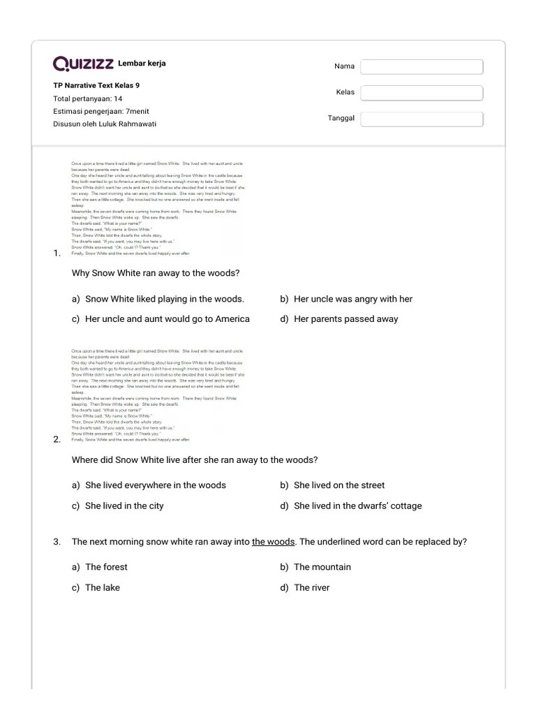 TP Narrative Text Kelas 9 _ Quizizz | PDF