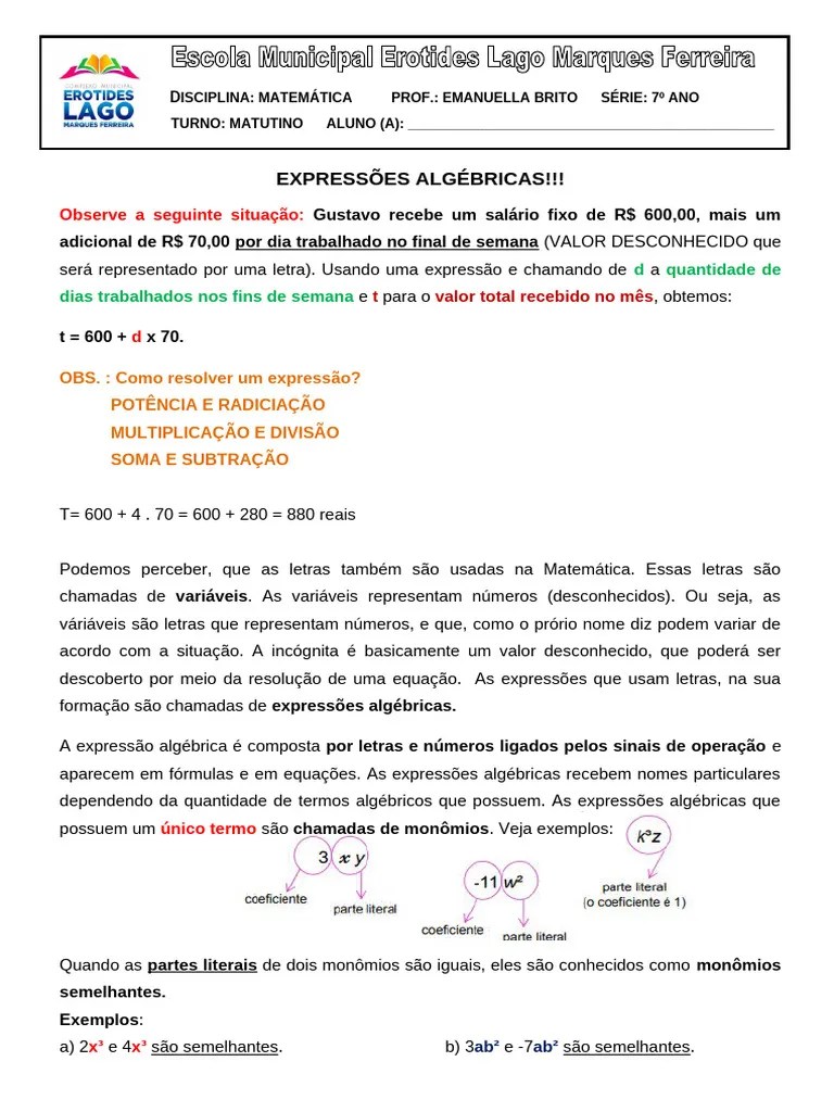 EXPRESSÕES ALGÉBRICAS - 7º Ano Matemática | PDF