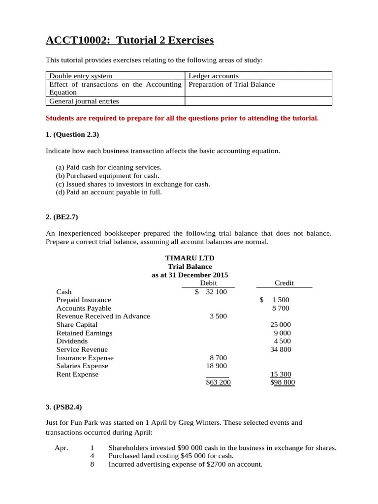 ACCT10002 Tutorial 2 In-Class Exercises | PDF