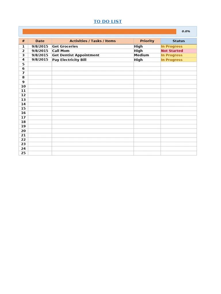 Excel To Do List Template Drop Down List V1 | PDF