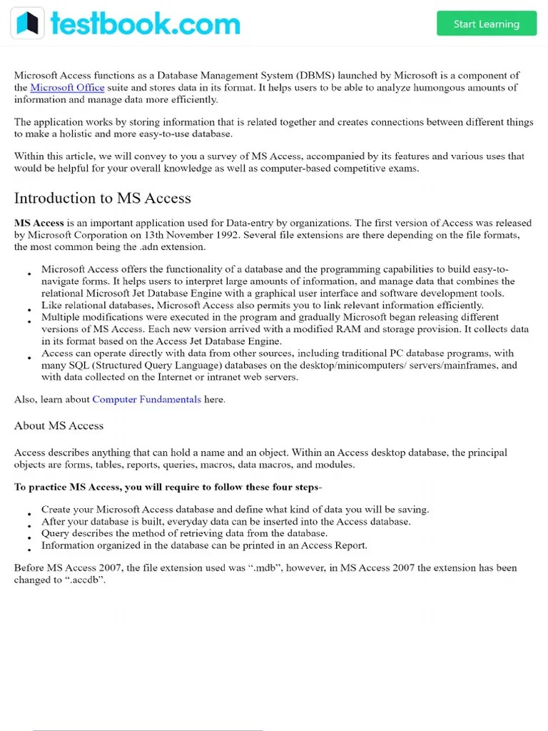 Microsoft Access Notes - Introduction, Components & Advantages | PDF