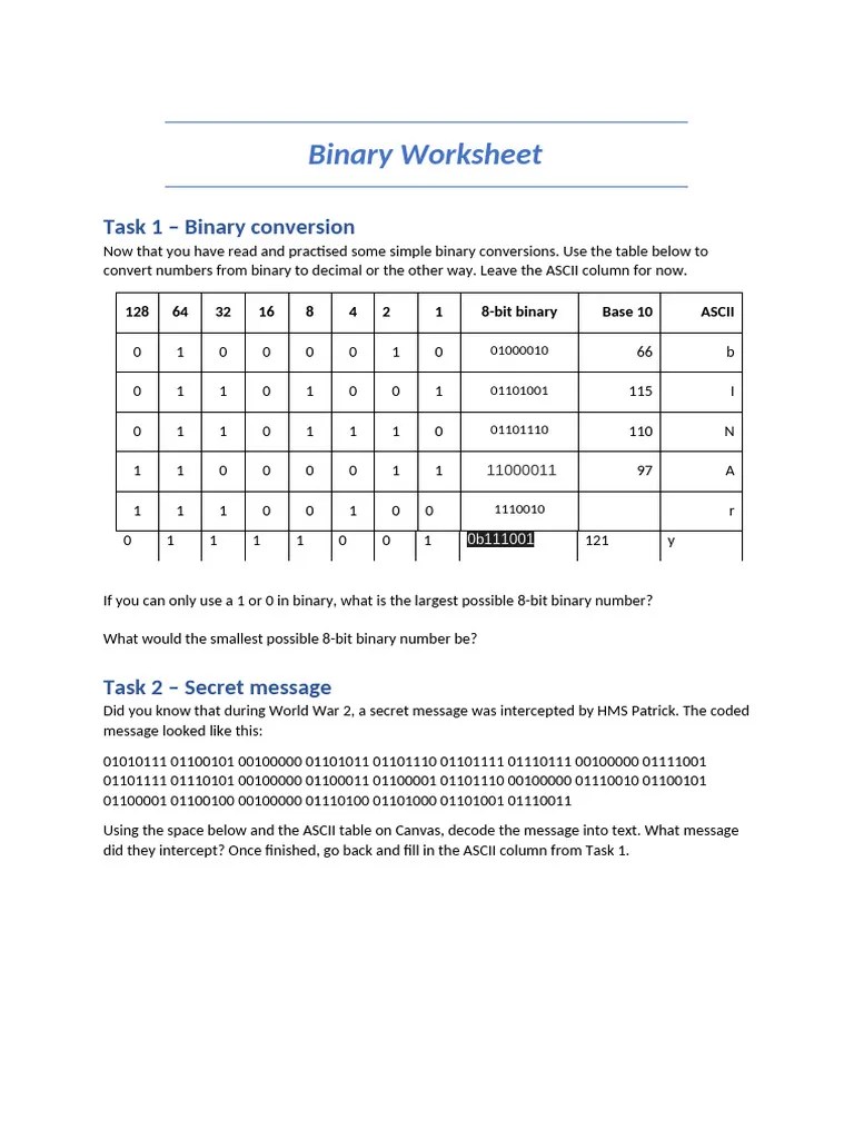 Binary Worksheet | PDF
