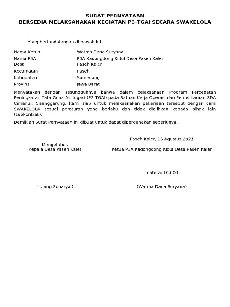 Format Surat Pernyataan Siap Swakelola | PDF