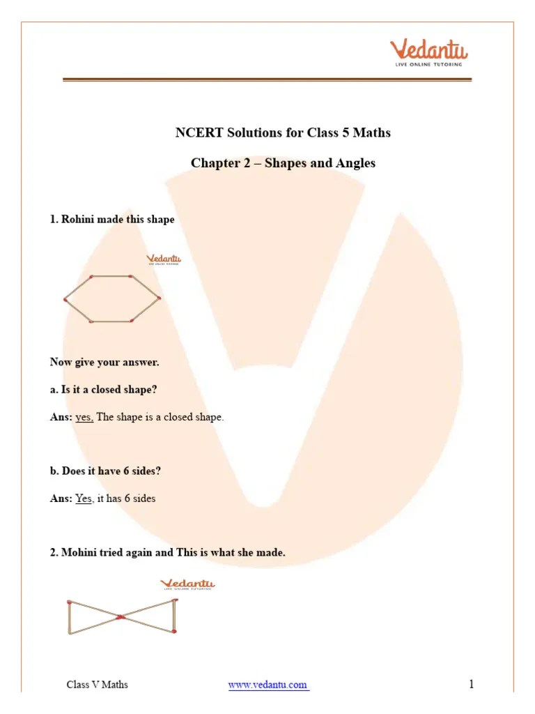 NCERT Solutions For Class 5 Maths Chapter 2 - Shapes And Angles PDF | PDF