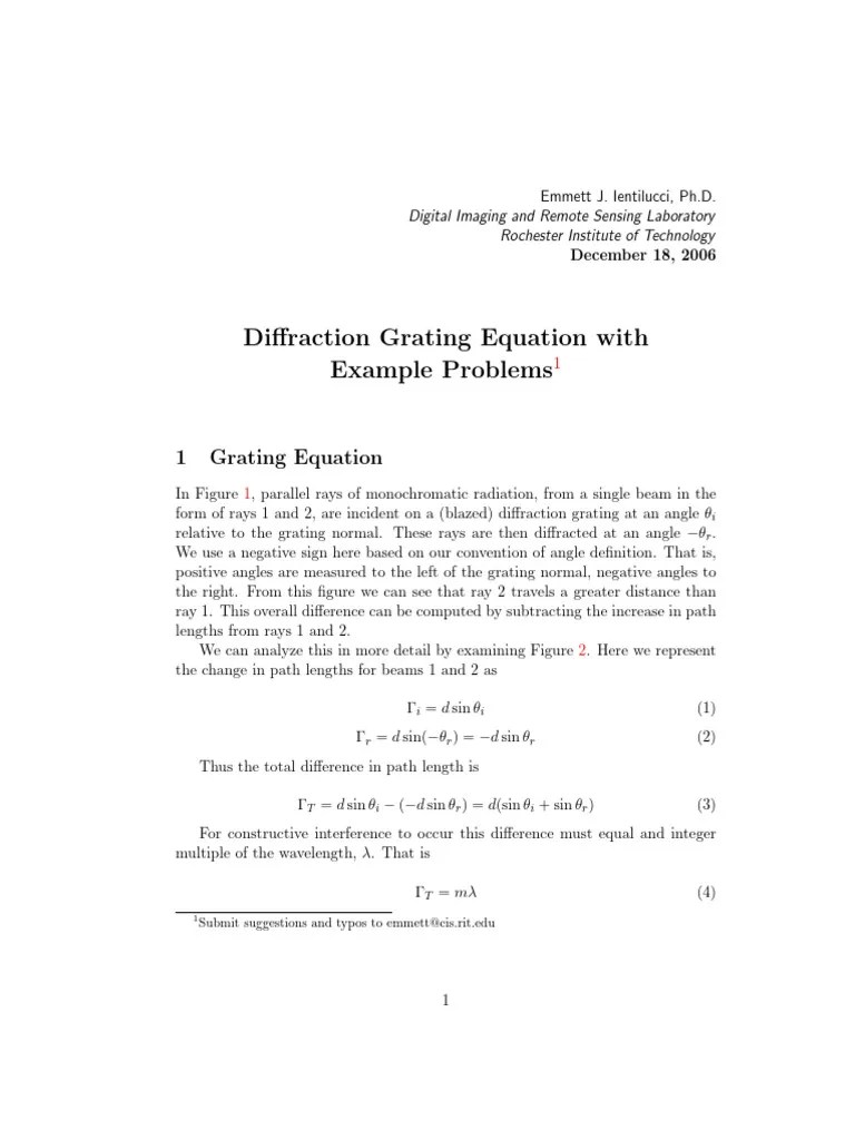 Diffraction Grating Example Problems | PDF