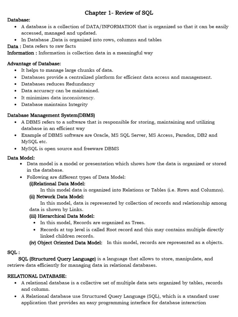 Sql Part 1 Review Of Sql Pdf