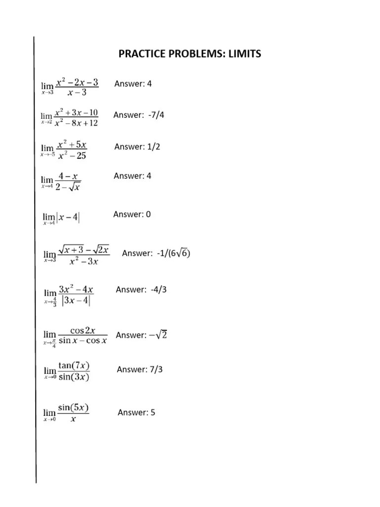Practice Problems Limits | PDF
