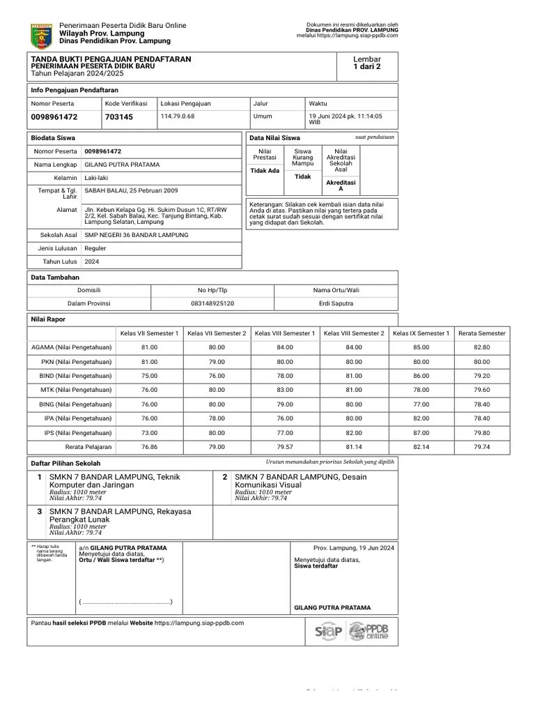 Tanda Bukti Pengajuan Pendaftaran - 0098961472 - GILANG PUTRA PRATAMA | PDF