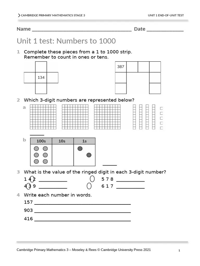 Prim Maths 3 2ed TR Unit 1 Test | PDF