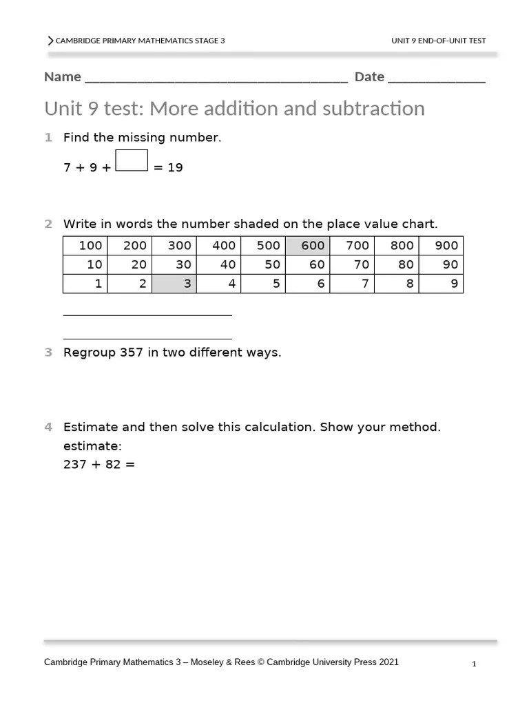 Prim Maths 3 2ed TR Unit 9 Test | PDF