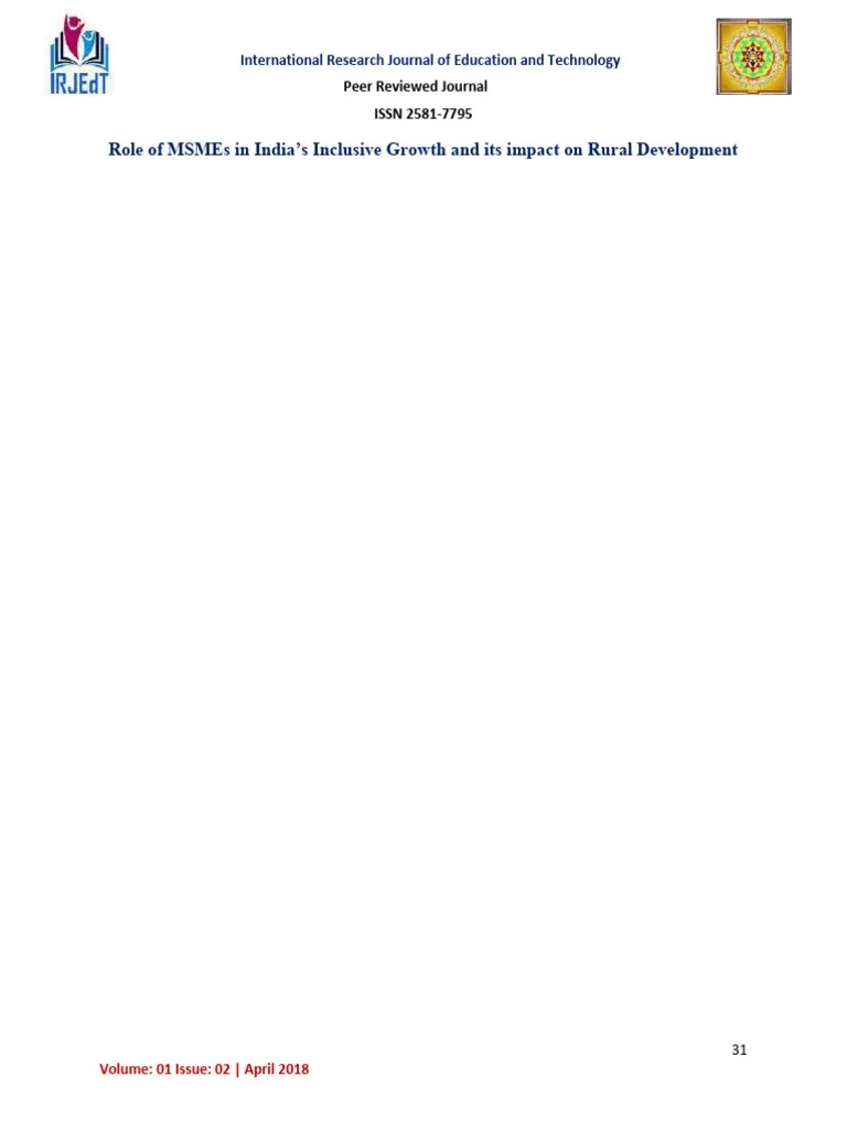 Role Of MSMEs In India's Inclusive Growth And Its Impact On Rural Development | PDF