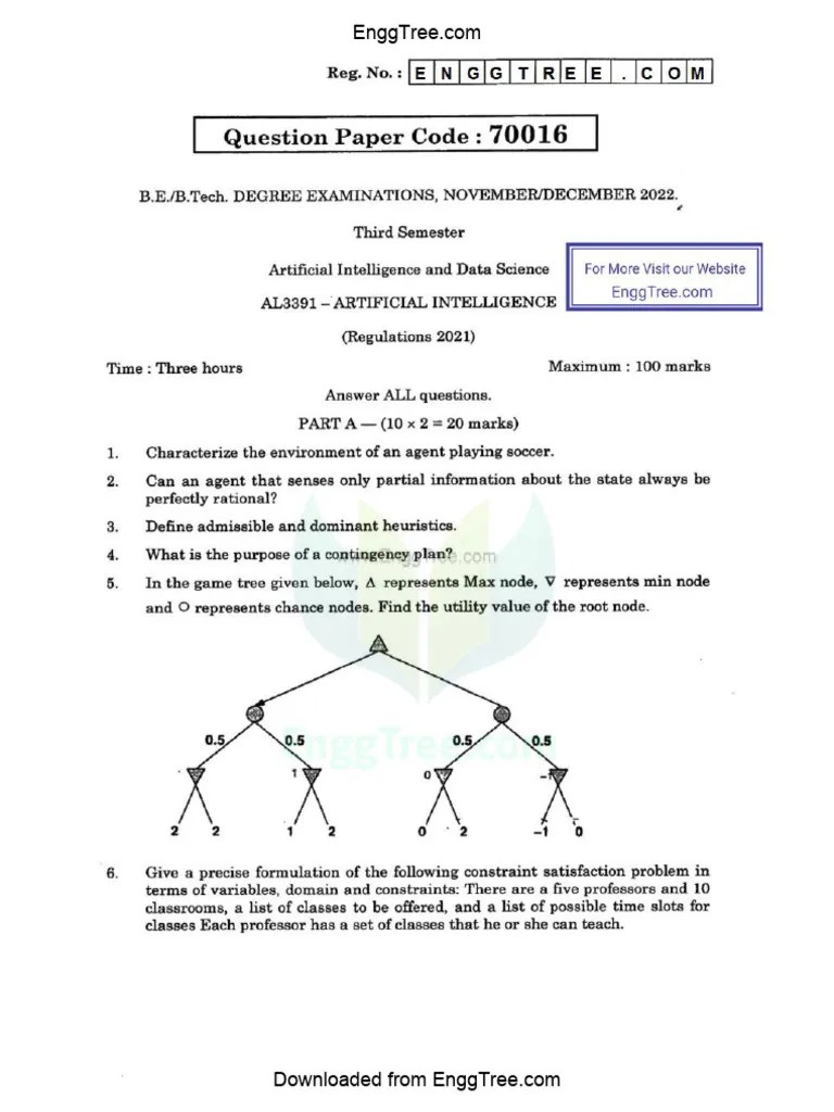 AL3391 Artificial Intelligence Nov Dec 2022 Question Paper Download | PDF