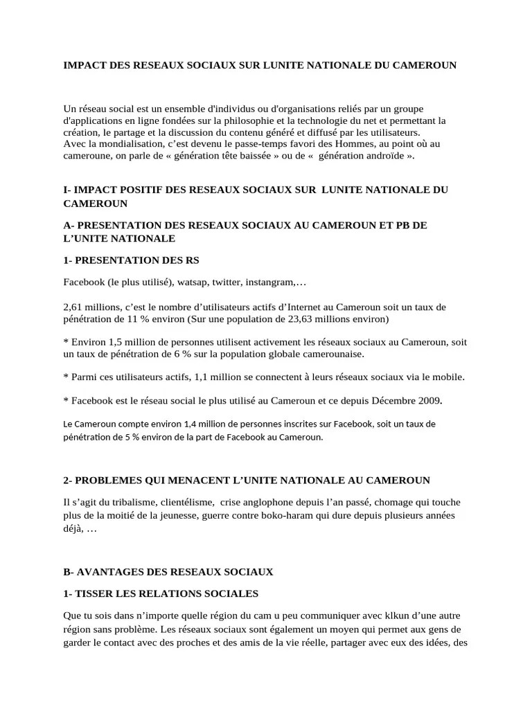Impact Des Reseaux Sociaux Sur Lunite Nationale Du Cameroun | PDF